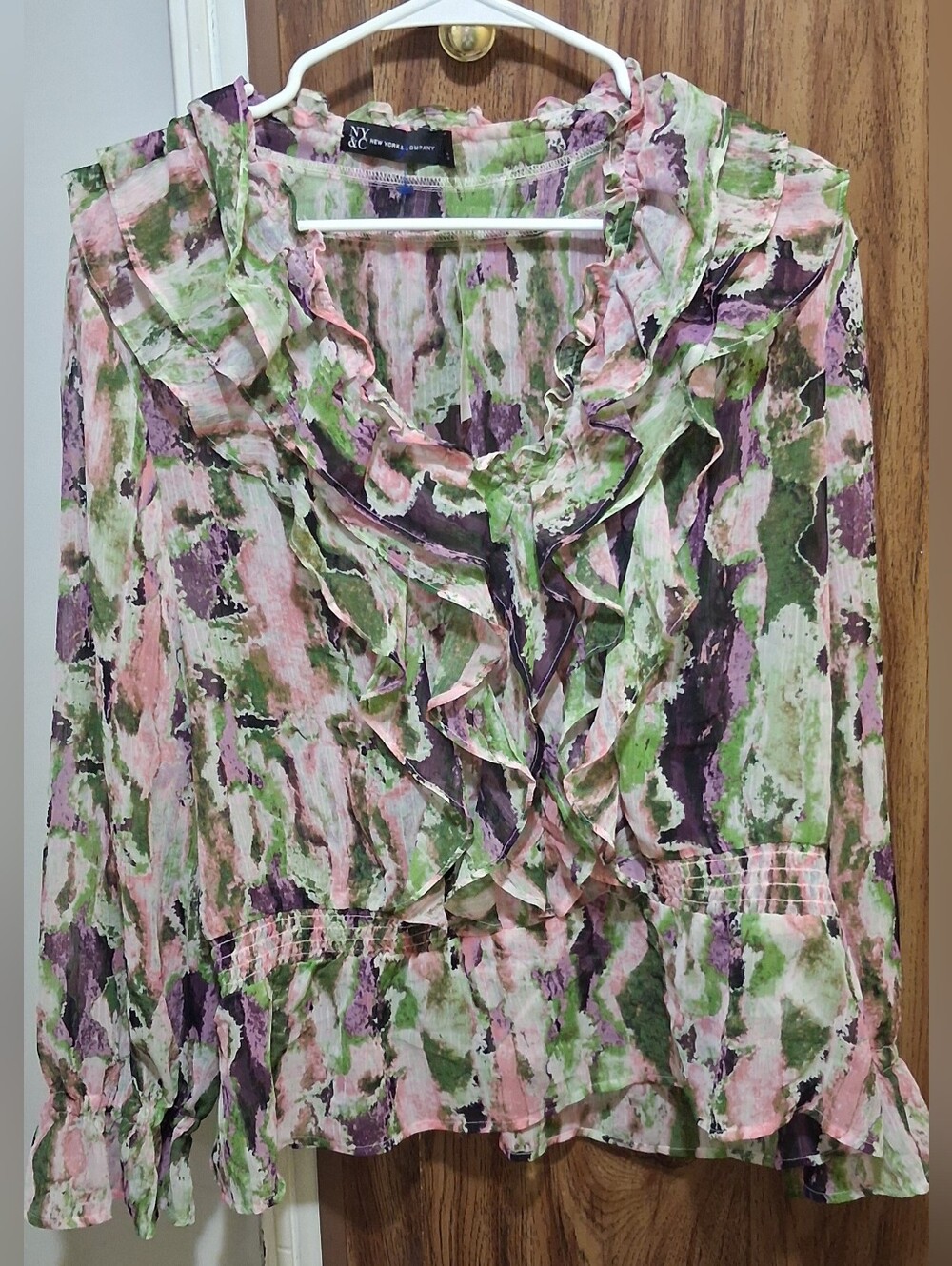 New York & Company Pink, Green & Purple Ruffled V-Neck Blouse